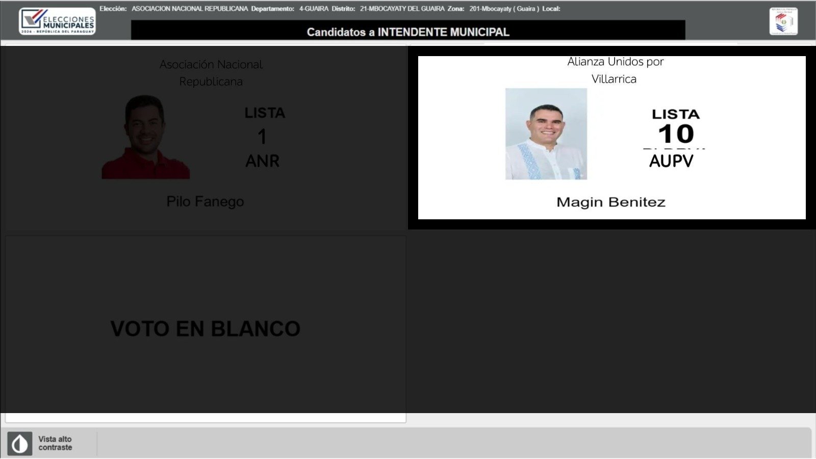 Pantalla de votación para intendente