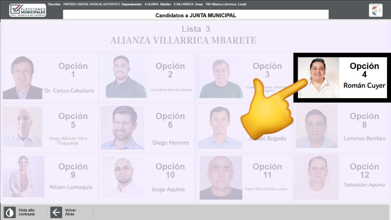 Pantalla con la opción 4 de Román Cuyer resaltada